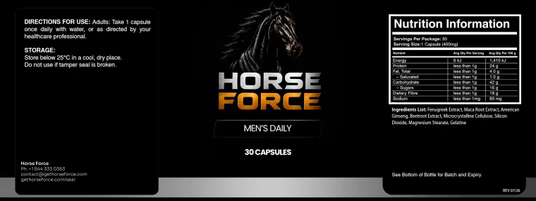 Official Horse Force Men's Daily label - directions for use, storage and the full Nutrition Information panel with the ingredients list